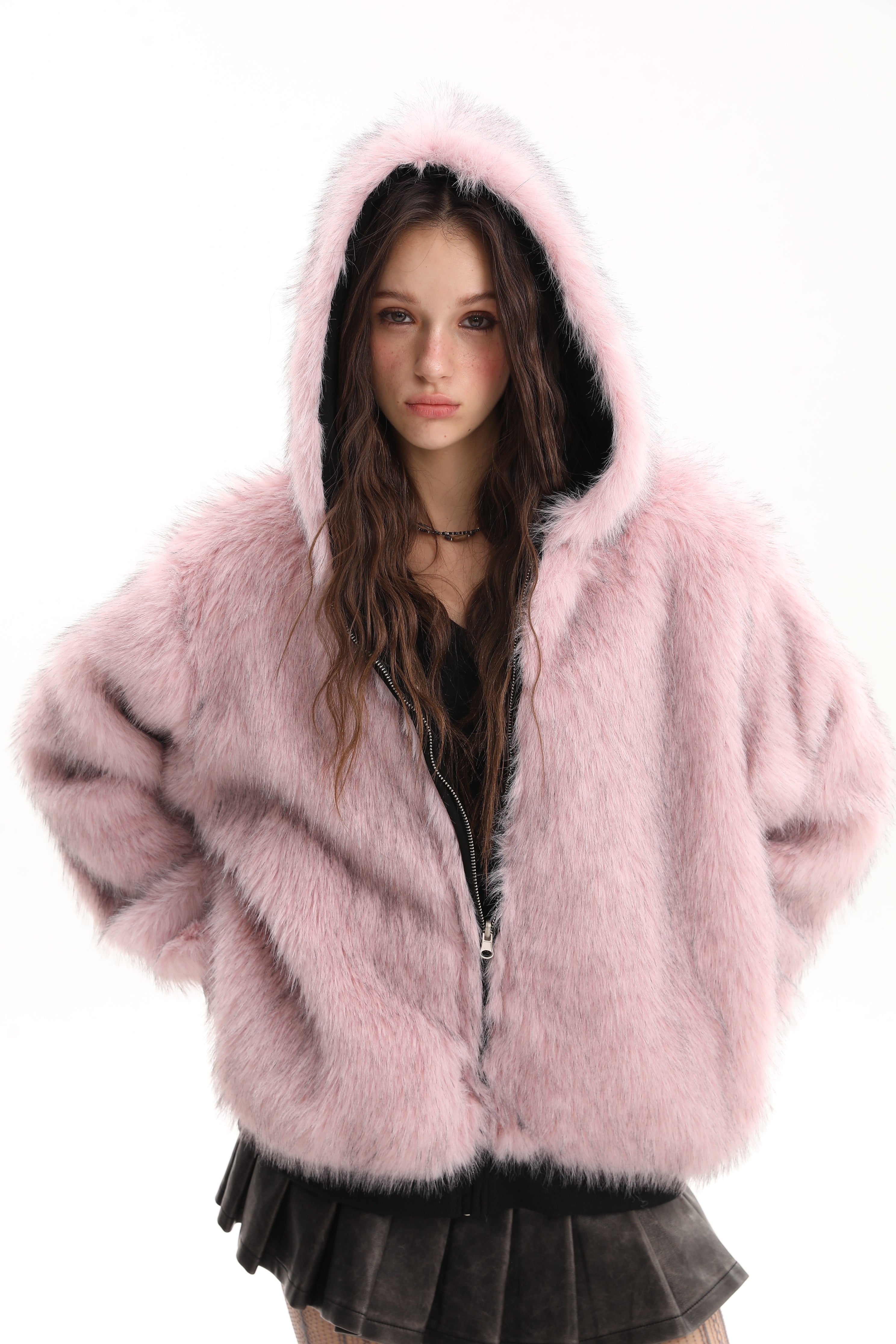 Reversible Faux Fur & Suede Hooded Bomber Jacket