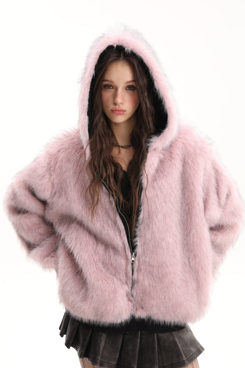 Reversible Faux Fur & Suede Hooded Bomber Jacket