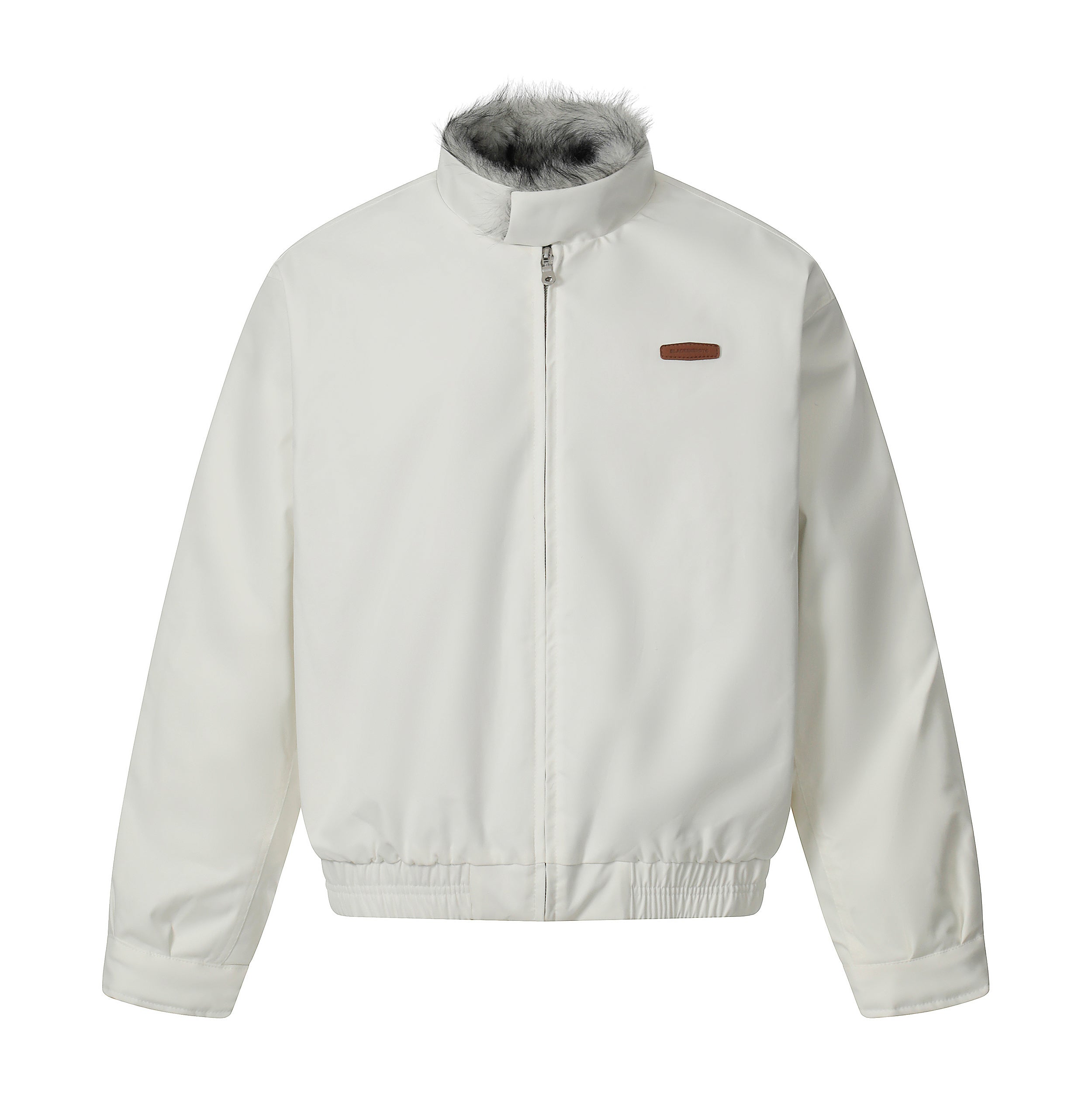 Off-white bomber jacket with grey faux-fur stand collar, front zip closure, and brown leather logo patch on chest