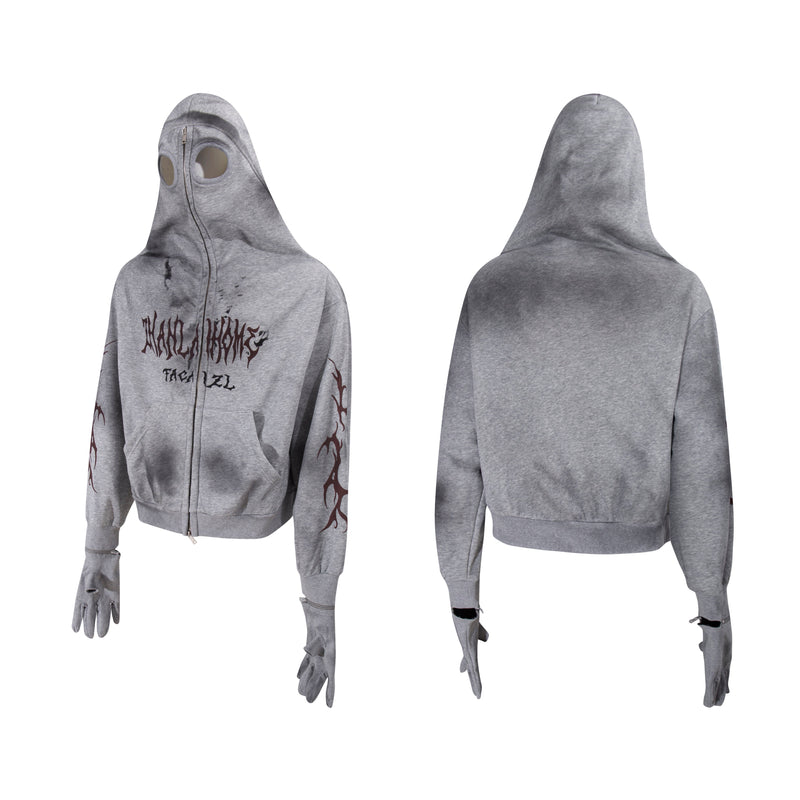 Gray masked hoodie front and back views shown side by side