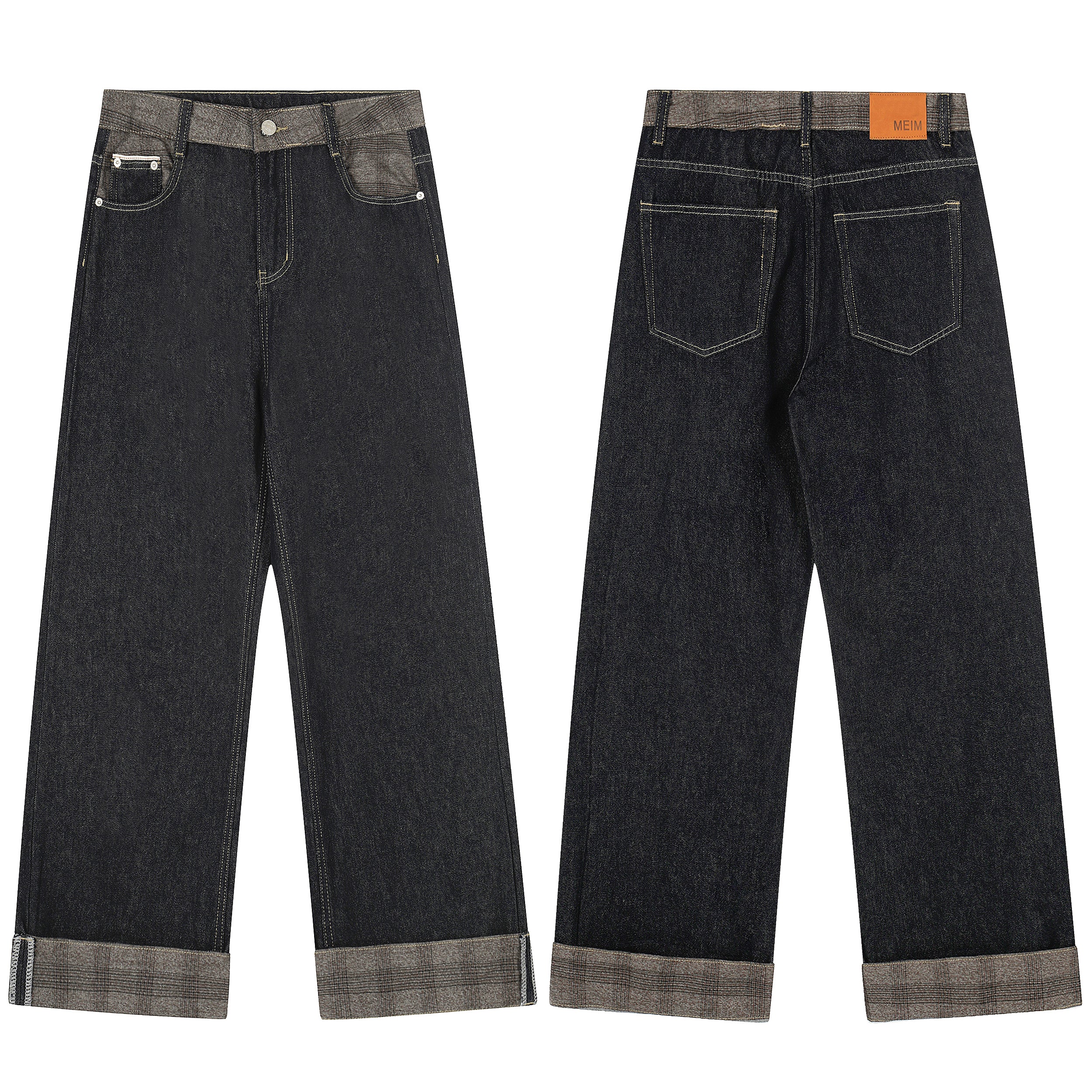 Front and back view of dark-wash wide-leg jeans with contrast grey waistband and rolled cuffs on white background