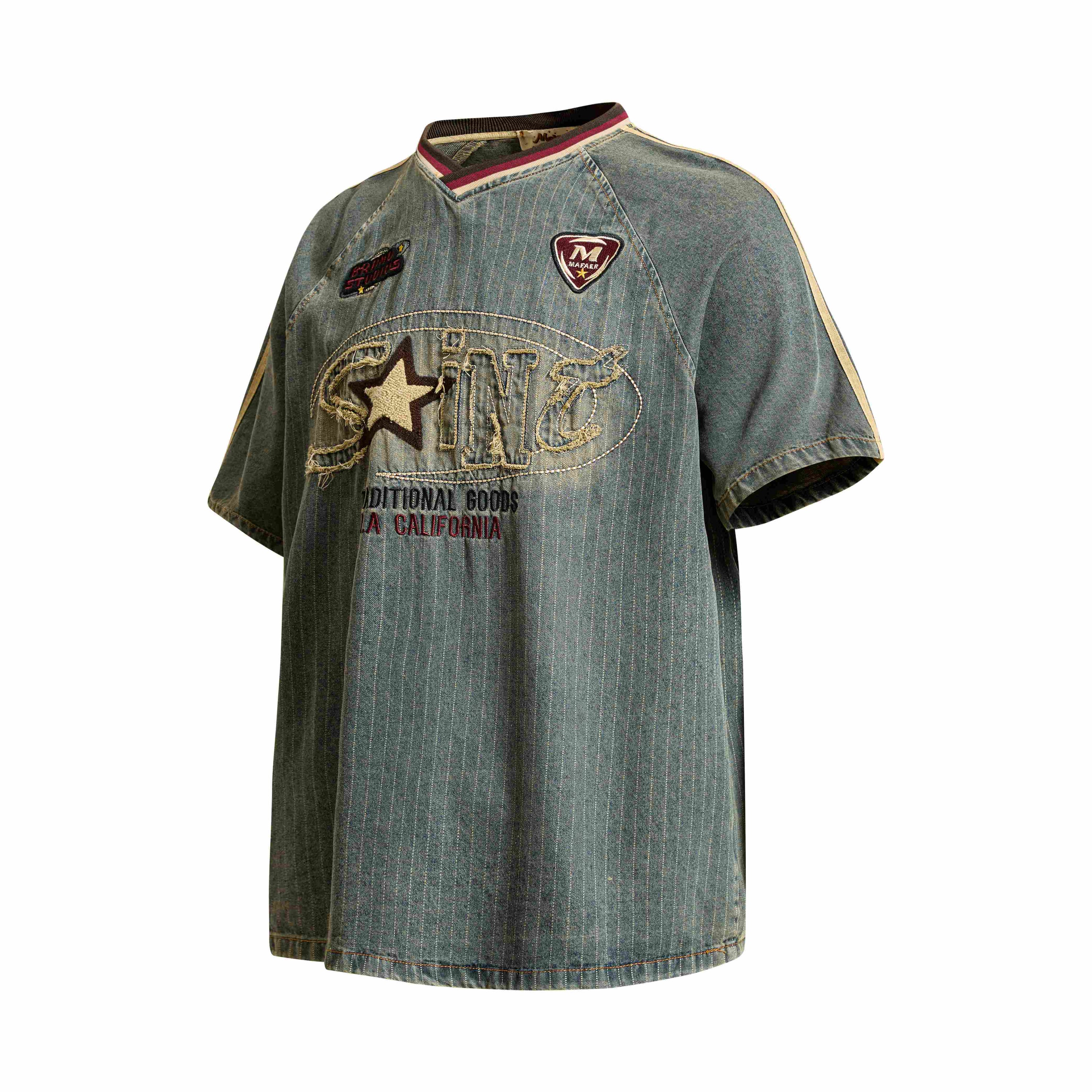 Vintage Pinstripe Denim Sport Tee | Embroidered Streetwear