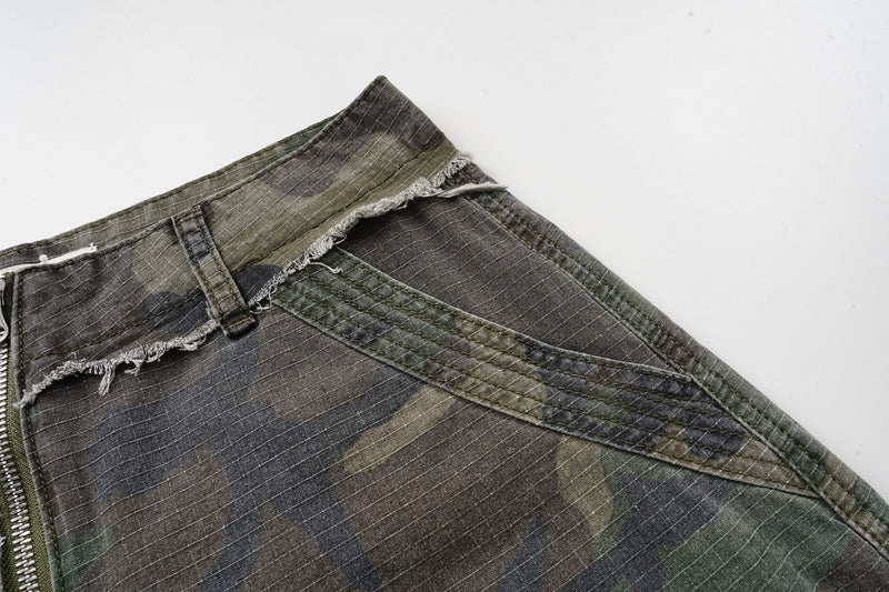 Close-up of the back waistband corner and pocket flap on camouflage cargo shorts