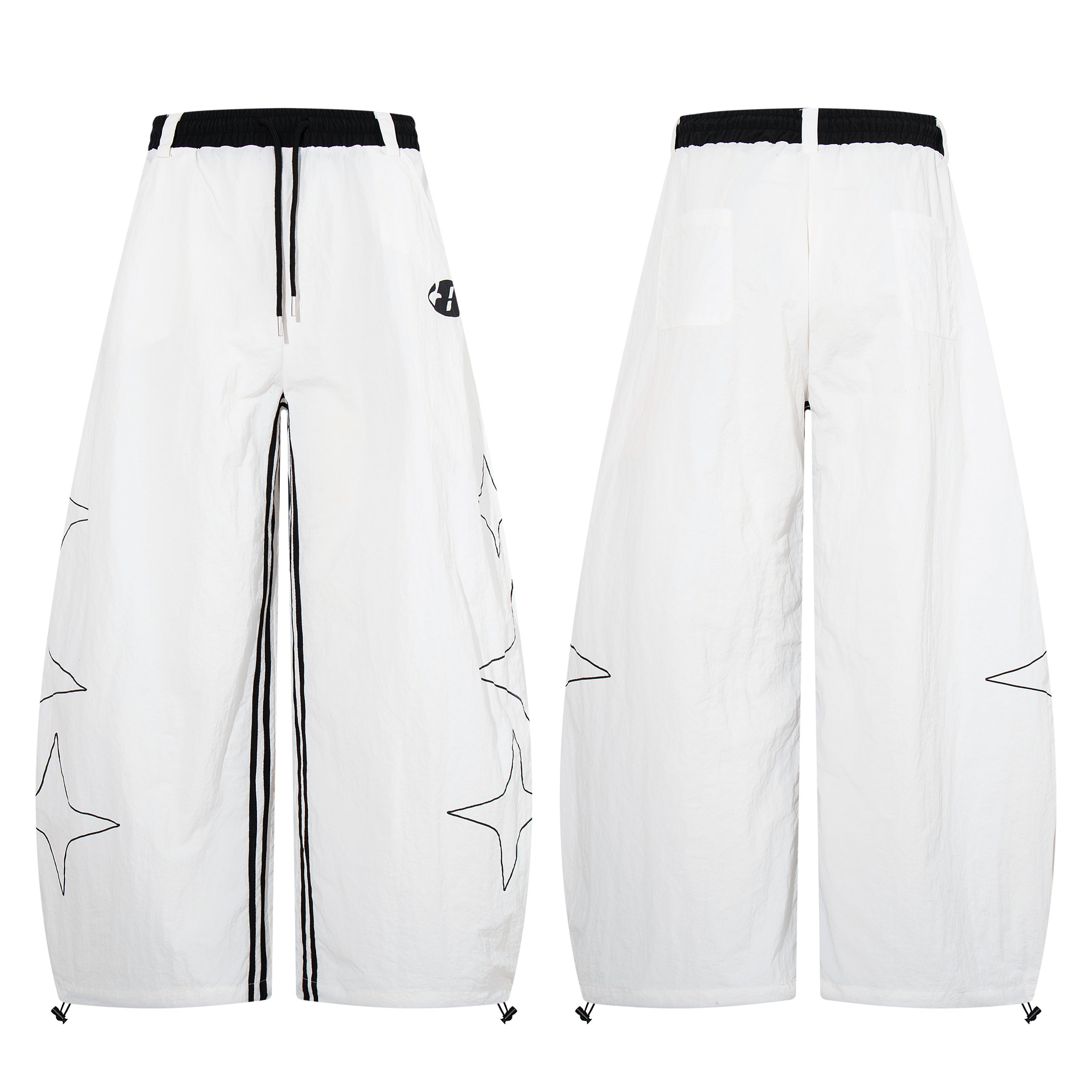 White wide-leg track pants with black star outline graphics and contrast side stripes, front and back view