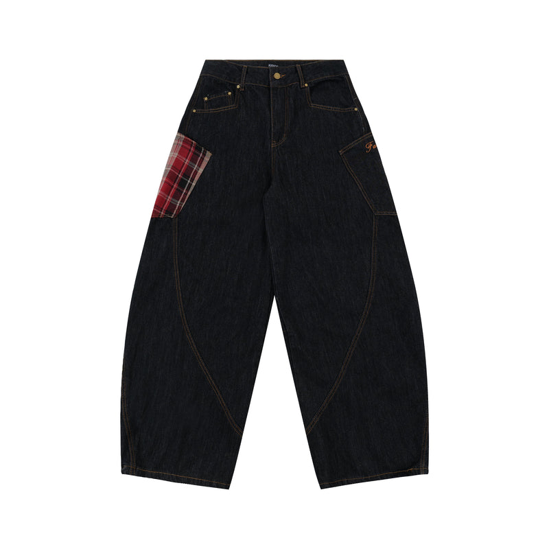 Red Plaid Patch Curved Wide-Leg Denim Jeans | Dark Indigo