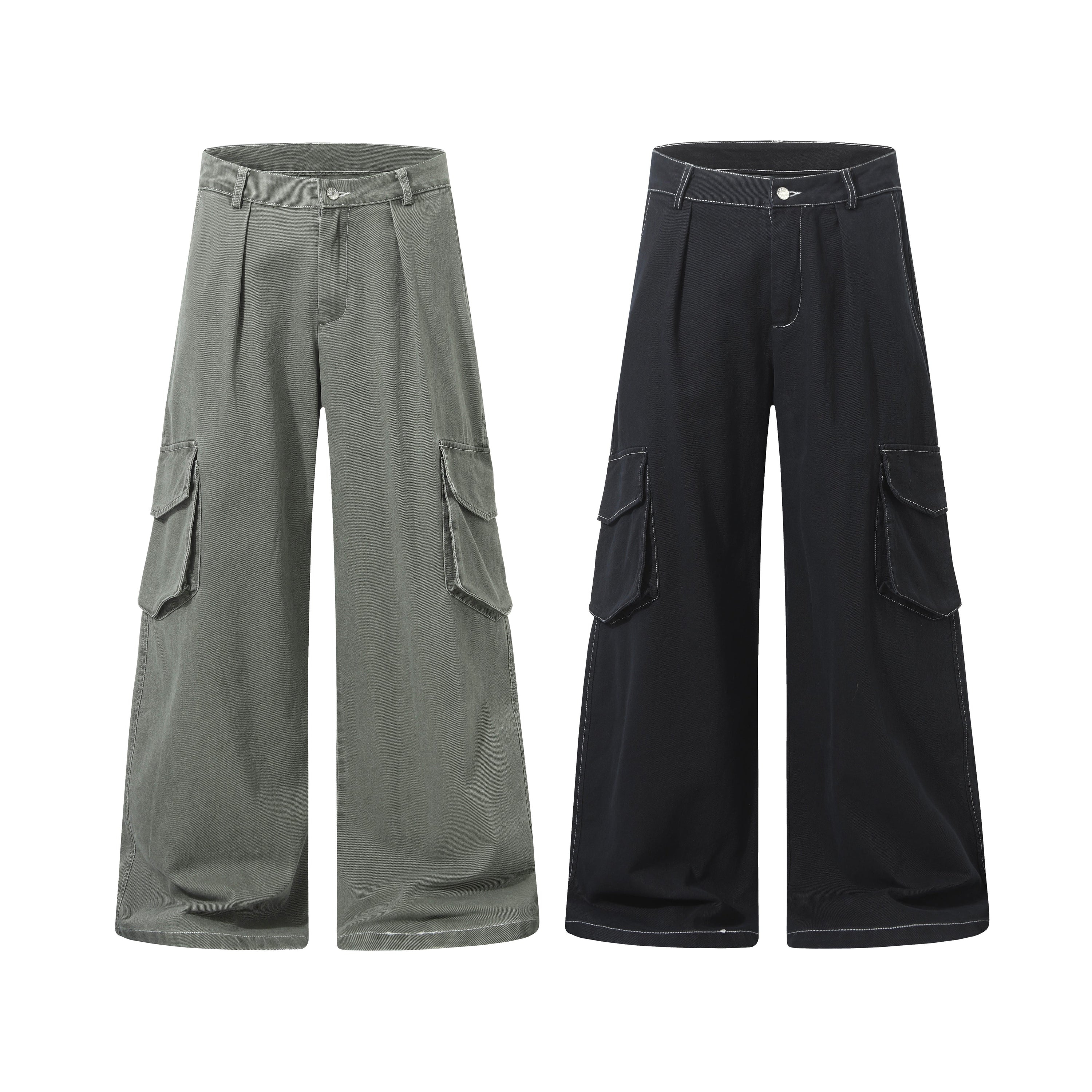 Washed army green and black wide-leg cargo utility pants with double thigh pockets and panel stitching, displayed flat on whi