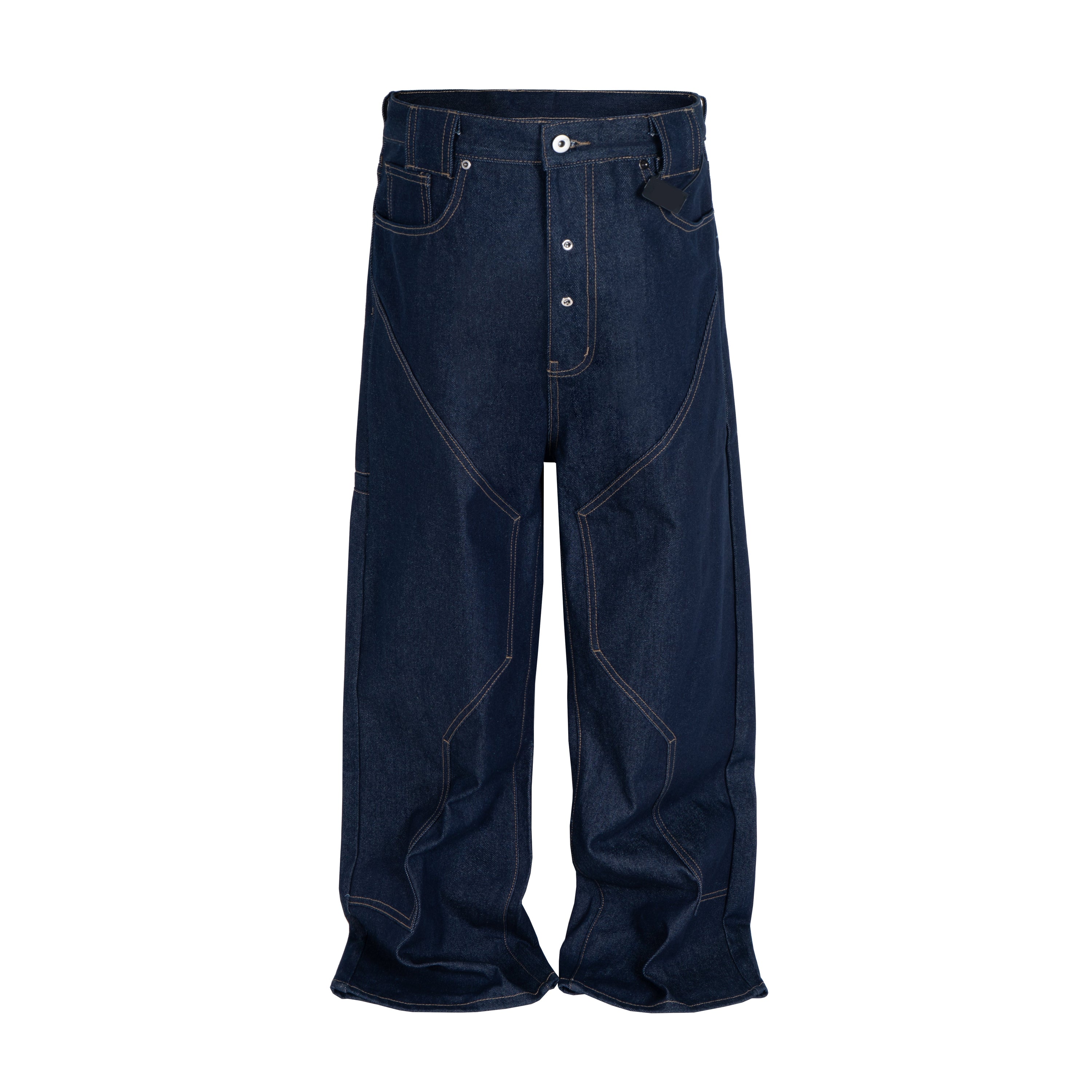 Front view of Omirad curved-cut raw indigo denim jeans with contrast stitching and relaxed barrel fit