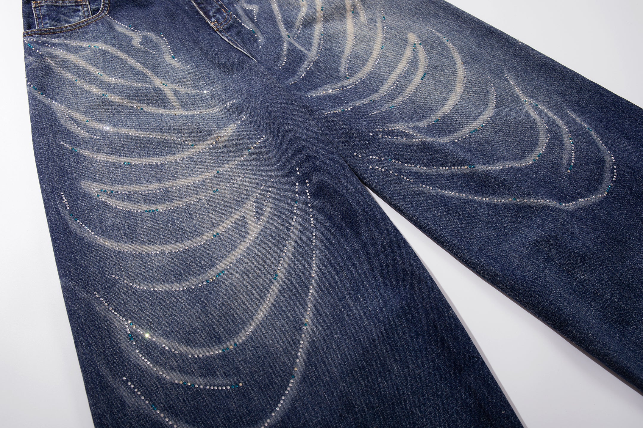 Rhinestone Wave Wide-Leg Jeans | Mid-Blue Washed Denim