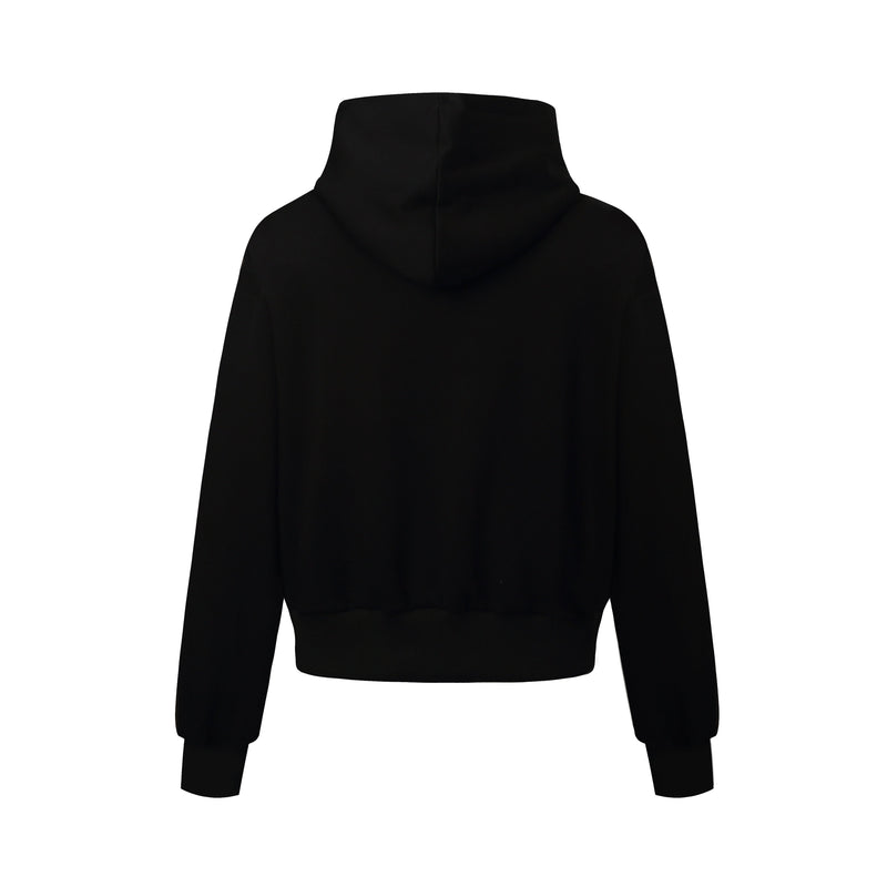 Black zip hoodie, back view with hood and ribbed hem