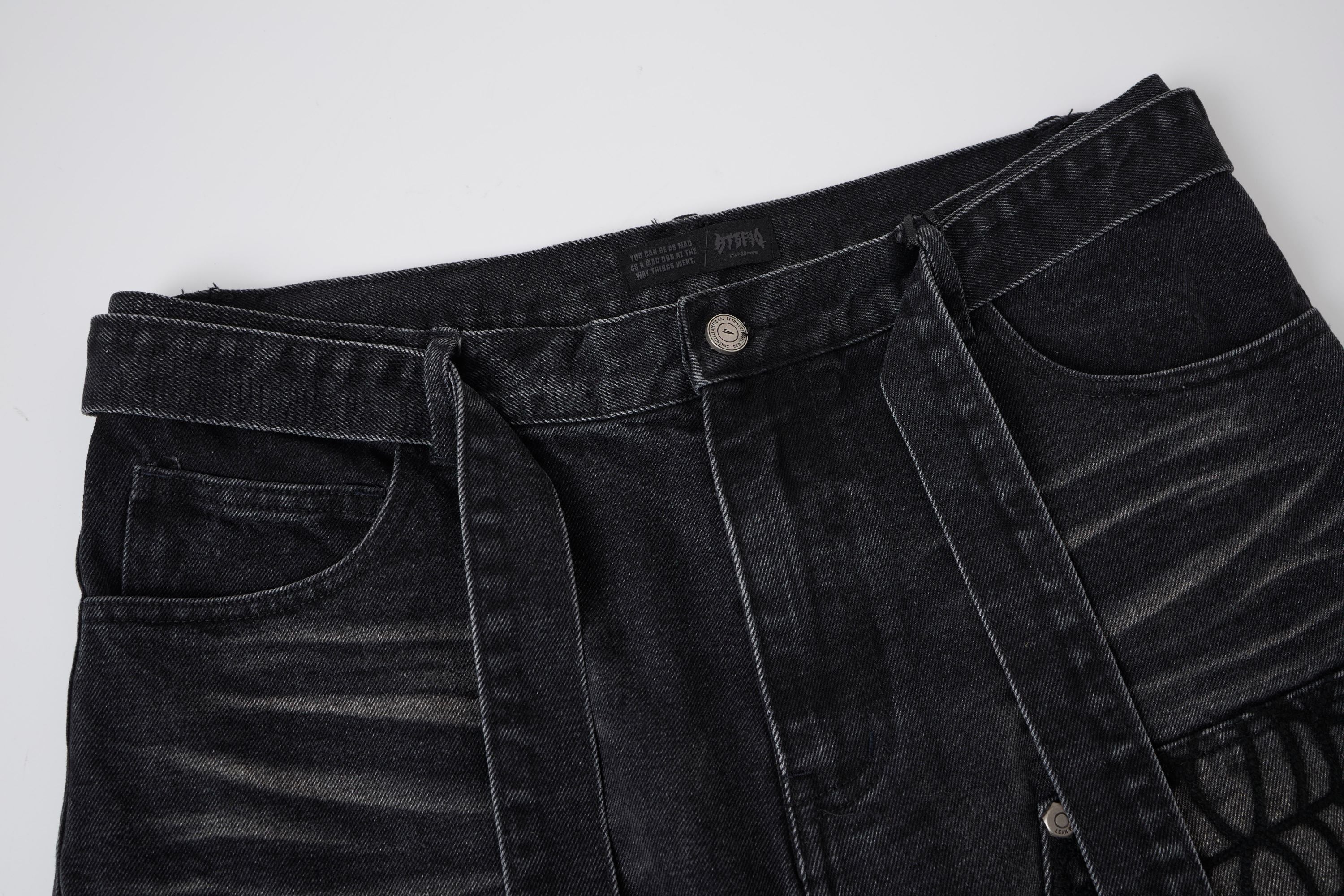 Spiderweb Panel Strap Denim Shorts | Washed Black Streetwear