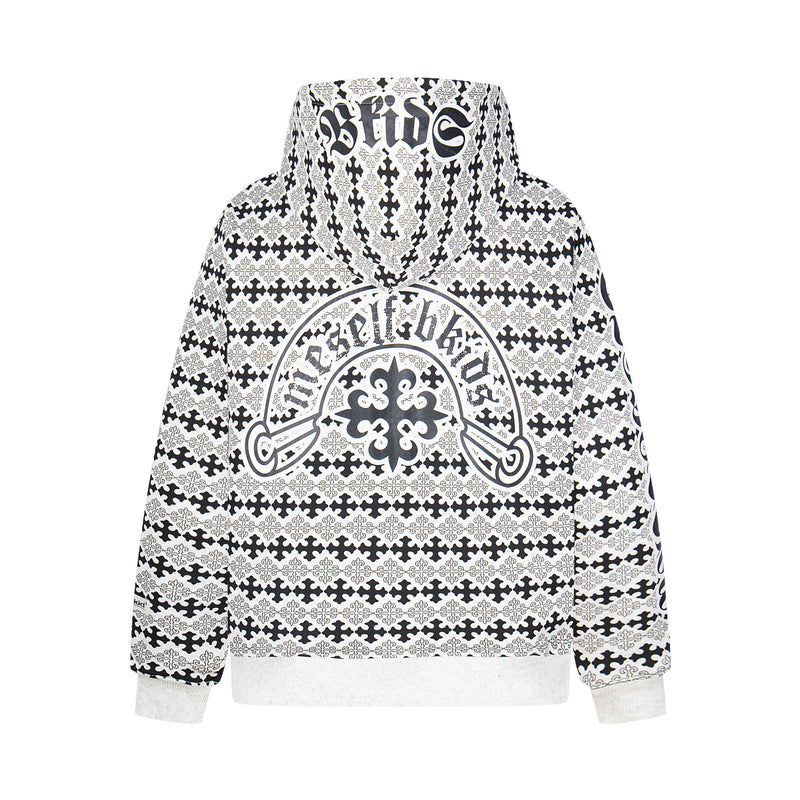 Black and white hoodie with large back cross graphic and hood view