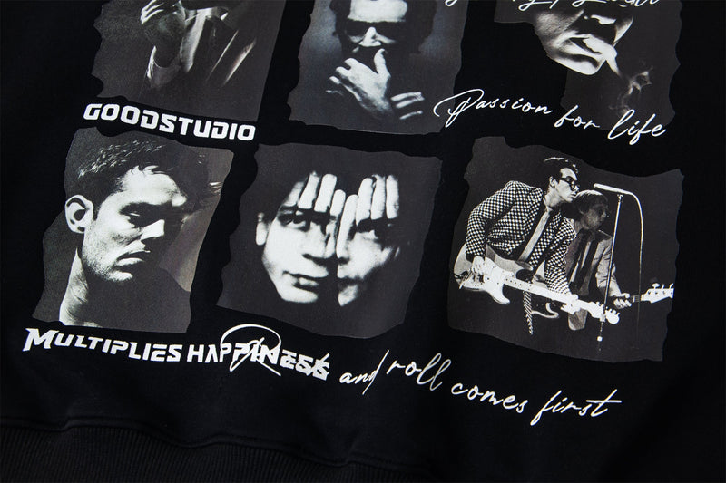 Close-up of black hoodie lower front print with portraits and text