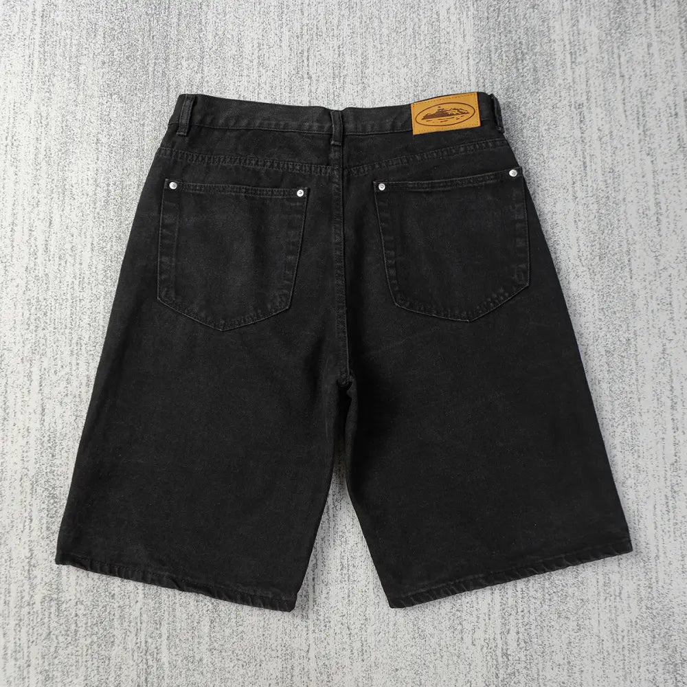 Corteiz Black Denim Shorts with Front Graphic