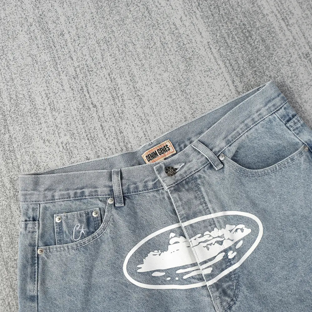 Corteiz Light Blue Graphic Denim Shorts