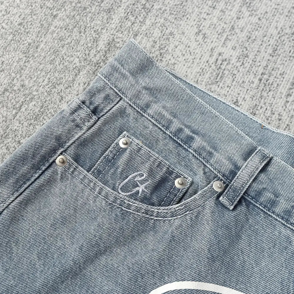 Corteiz Light Blue Graphic Denim Shorts