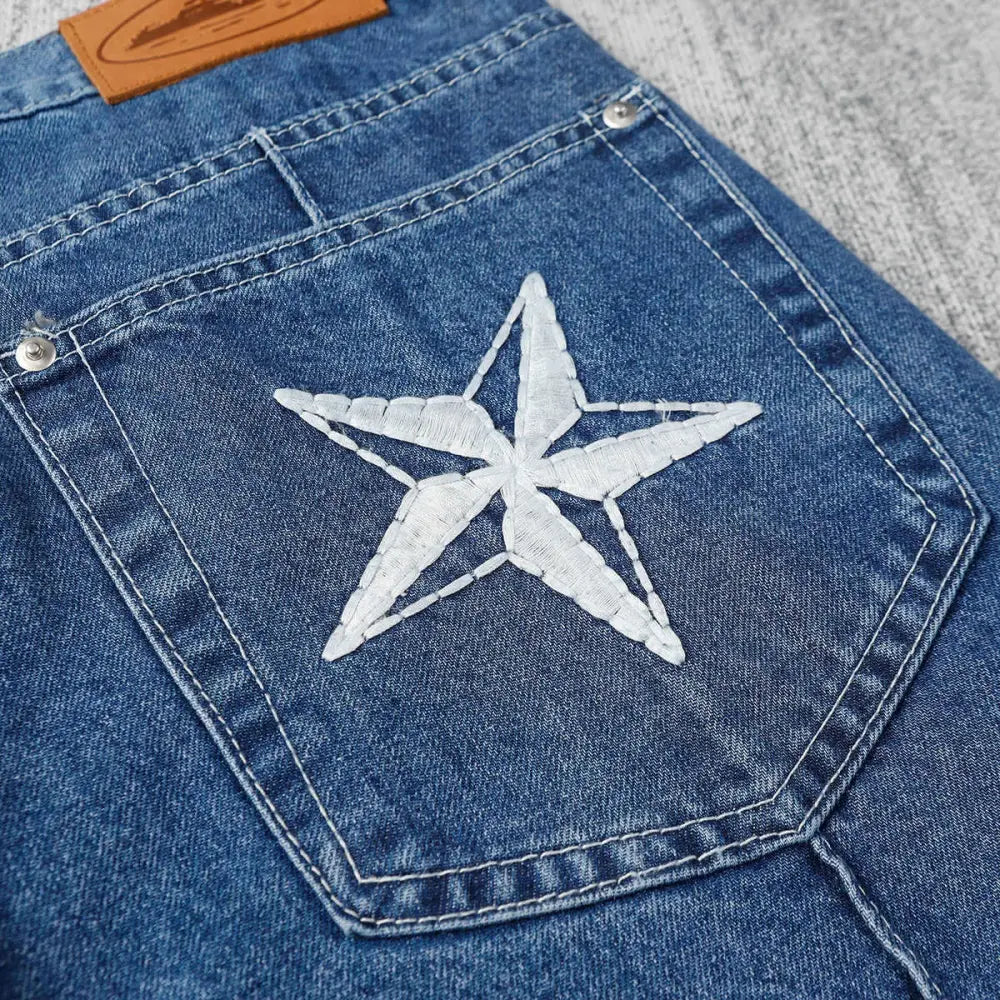 Corteiz Blue Denim Shorts with Star Embroidery