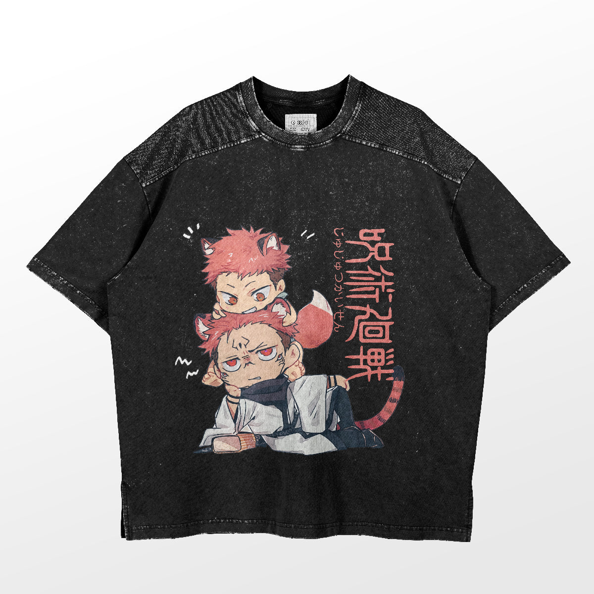 A black Jujutsu Kaisen T-shirt showcases chibi versions of Yuji Itadori and Sukuna. The playful design features anime-style characters with Japanese text, adding texture to the high-quality tee.