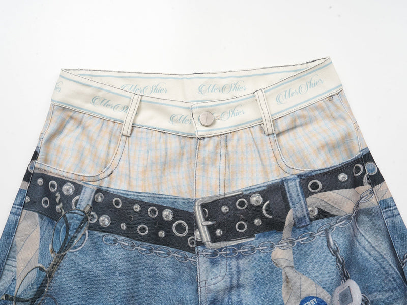 Close-up of the waistband with light blue script print, belt loops and button closure