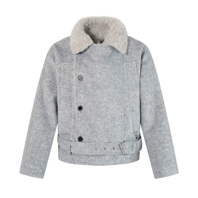 Faux Fur Collar Belted Cropped Jacket | Omirad
