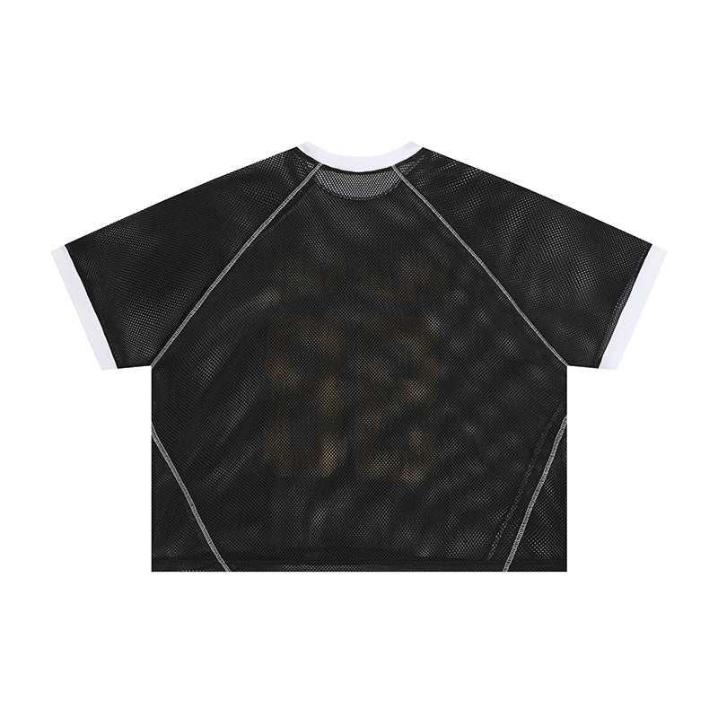 Black mesh varsity jersey with white trim and raglan sleeves, breathable athletic streetwear top