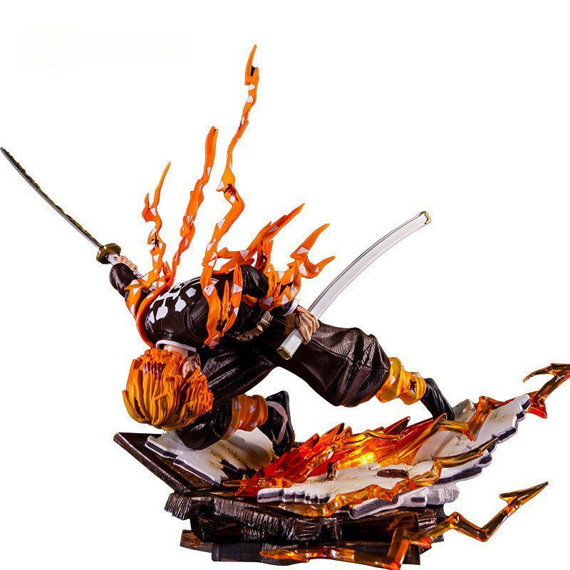 The Rengoku Kyojuro Demon Slayer Figure, a 28cm Flame Hashira from the Demon Slayer brand, features dynamic motion with orange flames. He dons a dark outfit with fiery accents and wields a sword in an action pose on a stylized base, made of high-quality PVC.