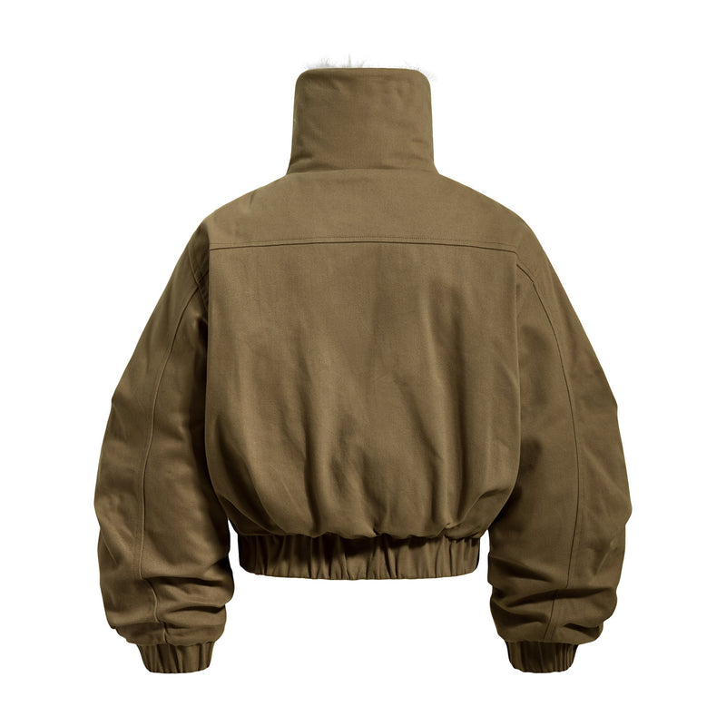 Fur-Lined Cropped Bomber Jacket | High-Neck Cotton Utility
