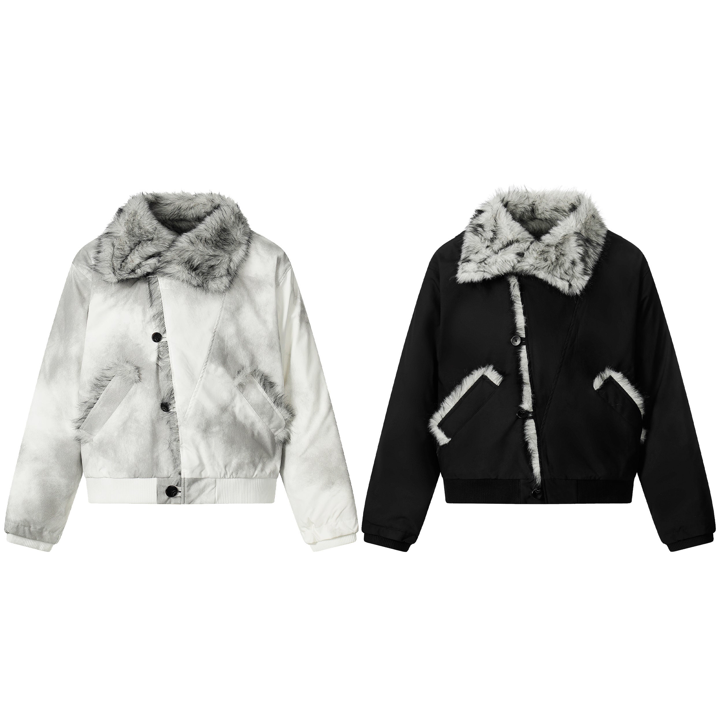 Cropped faux fur panel bomber jacket in marble white tie-dye with plush grey fur collar and asymmetric button closure