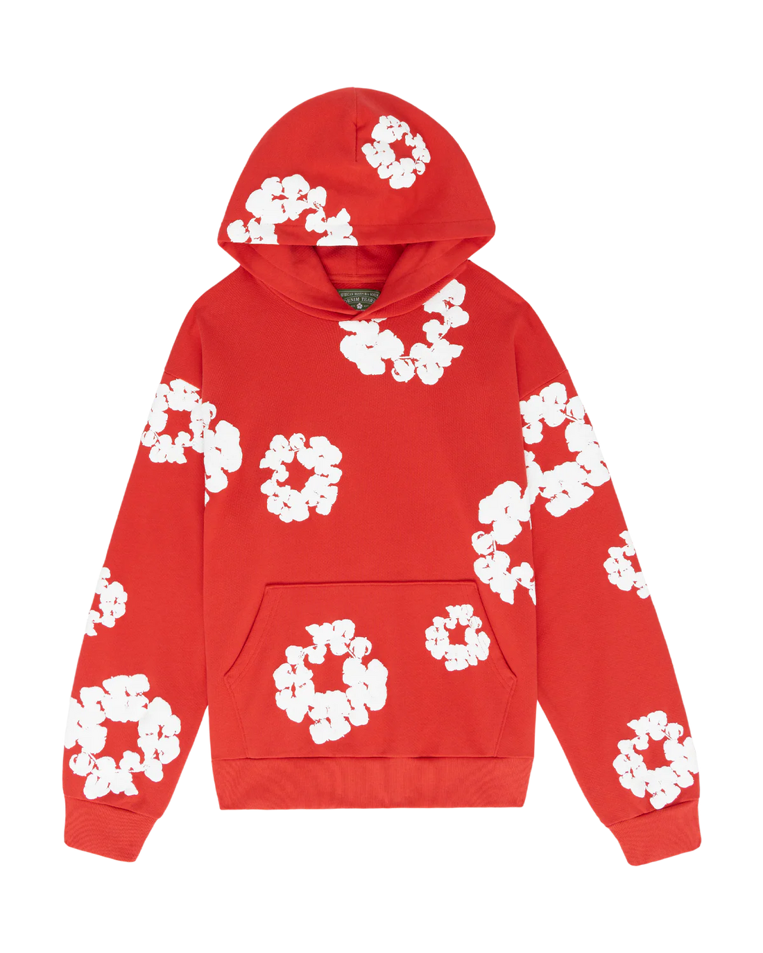 Red “Cotton Wreath” Denim Tears Hoodie – White Floral Print Streetwear Pullover