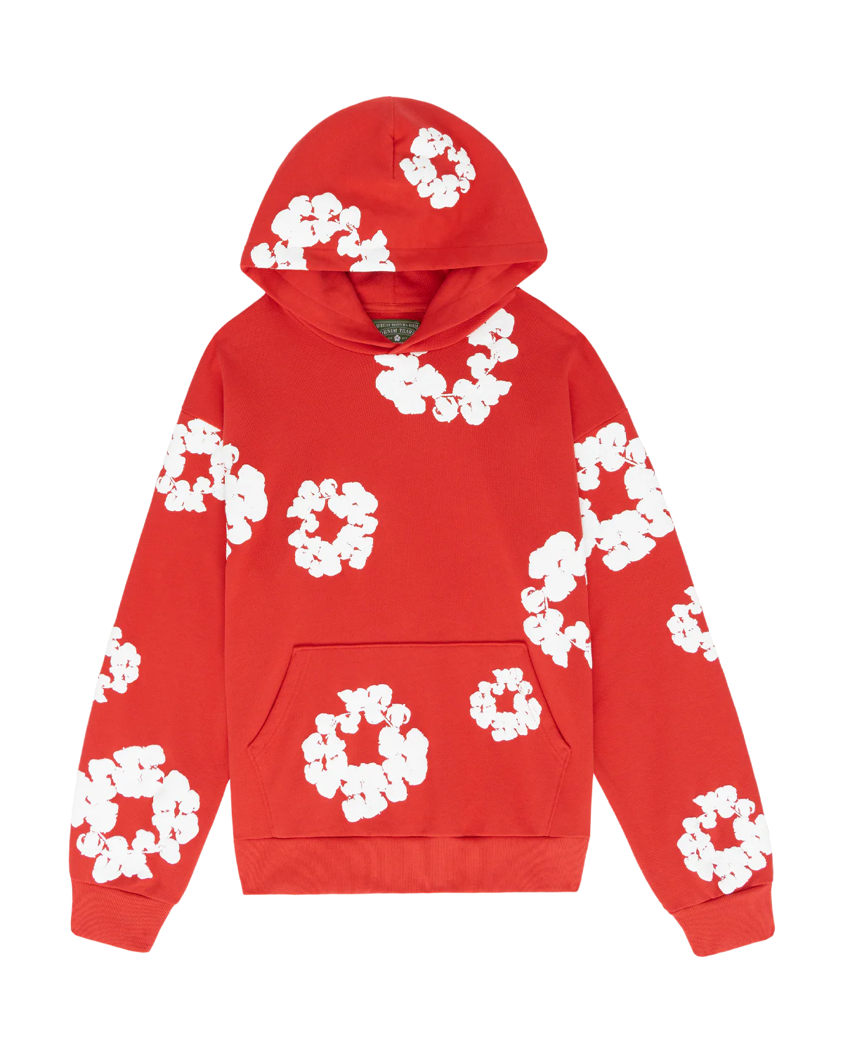 Red “Cotton Wreath” Denim Tears Hoodie – White Floral Print Streetwear Pullover