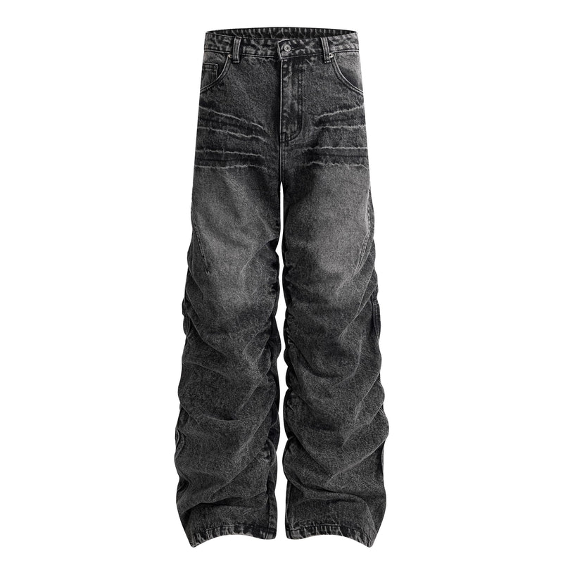 Black stacked wide leg jeans with faded wash, front view