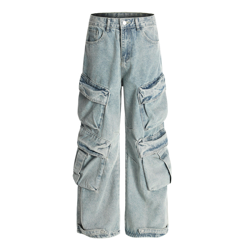 Light blue wide-leg cargo jeans, front view with oversized side pockets