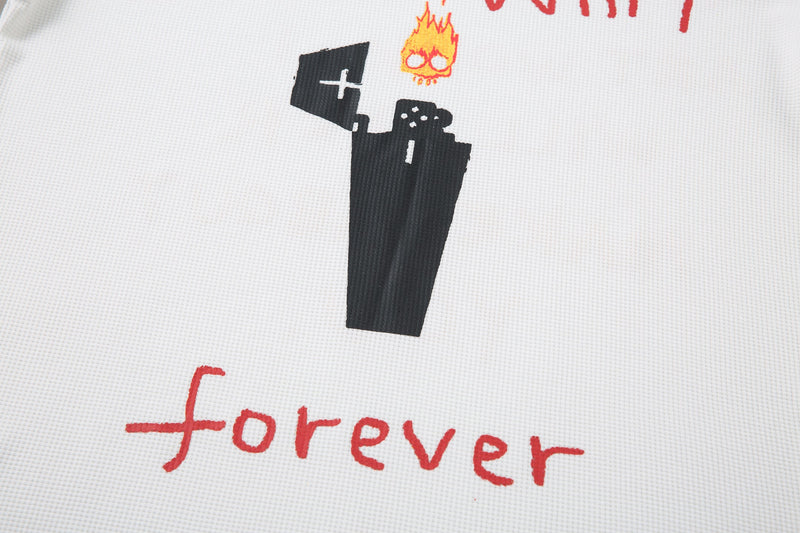 Close-up of lower front print with black doodle figure and red forever text
