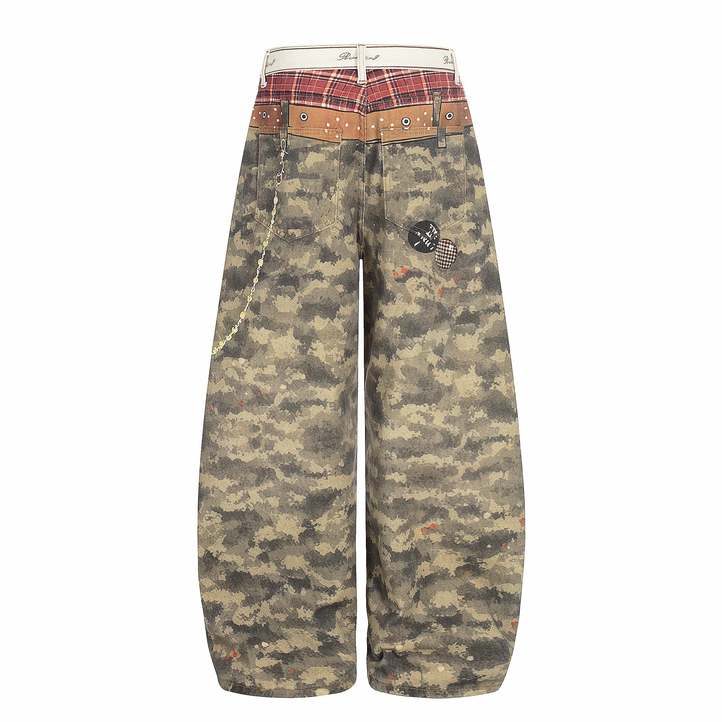 Camo Patchwork Wide-Leg Denim Pants with Chain Detail