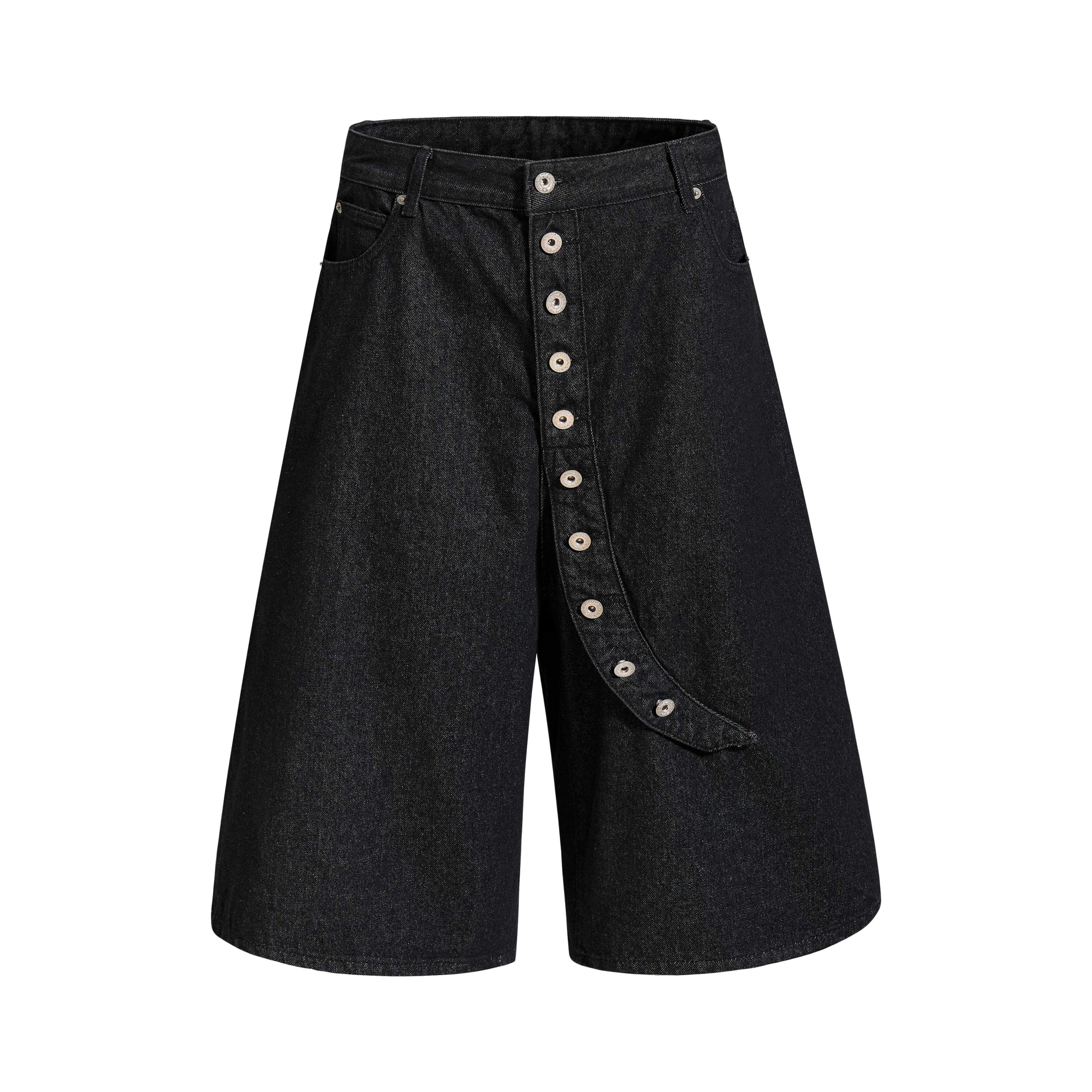 Asymmetric Button Denim Shorts | Wide-Leg Black Streetwear