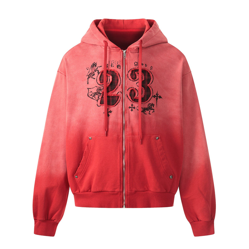 Front view of red washed zip-up hoodie with number 23 graphic and plaid appliqué