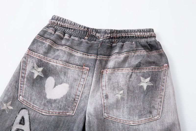 Cat Print Barrel Leg Jeans | Washed Grey Street Art Denim