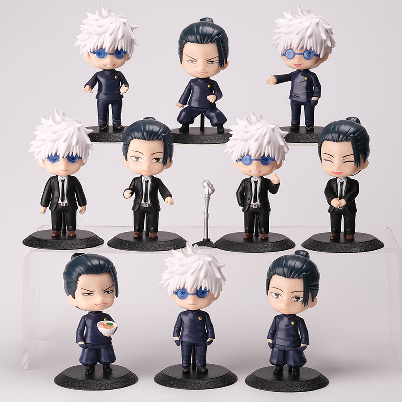 A set of anime collectible figures from Jujutsu Kaisen features Gojo Satoru and Suguru Geto among others. The 10cm figures stand on black bases, with various hairstyles and expressions. Some have white hair and glasses, while others have dark hair.