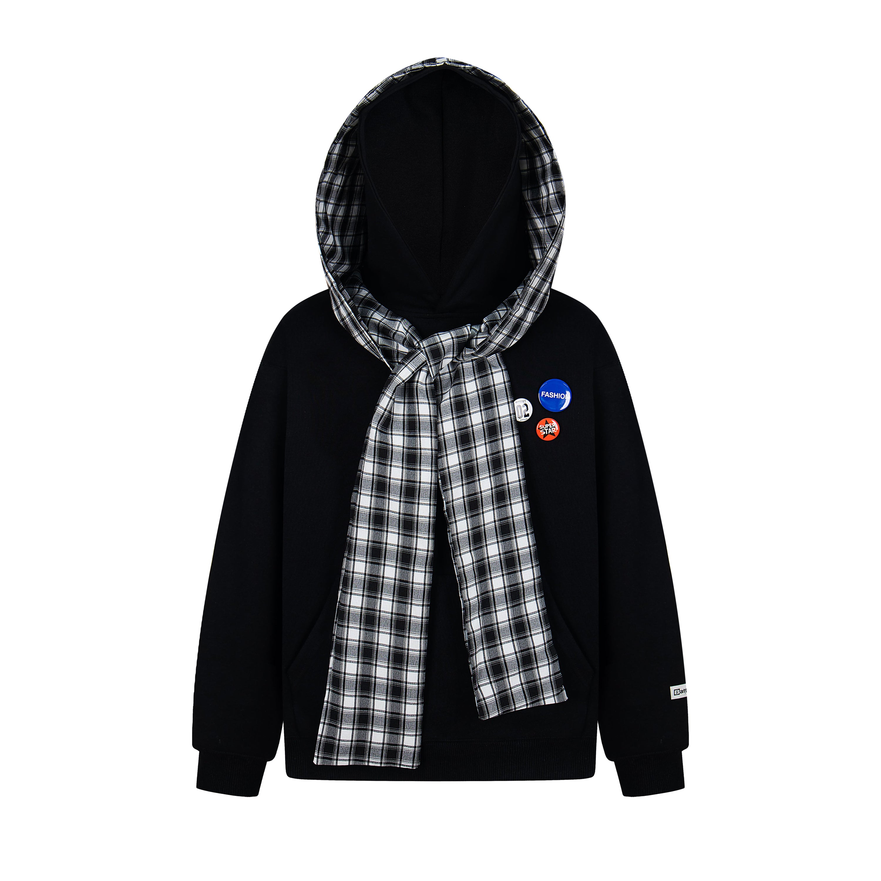 Plaid Scarf Layered Hoodie with Badge Accents | Streetwear