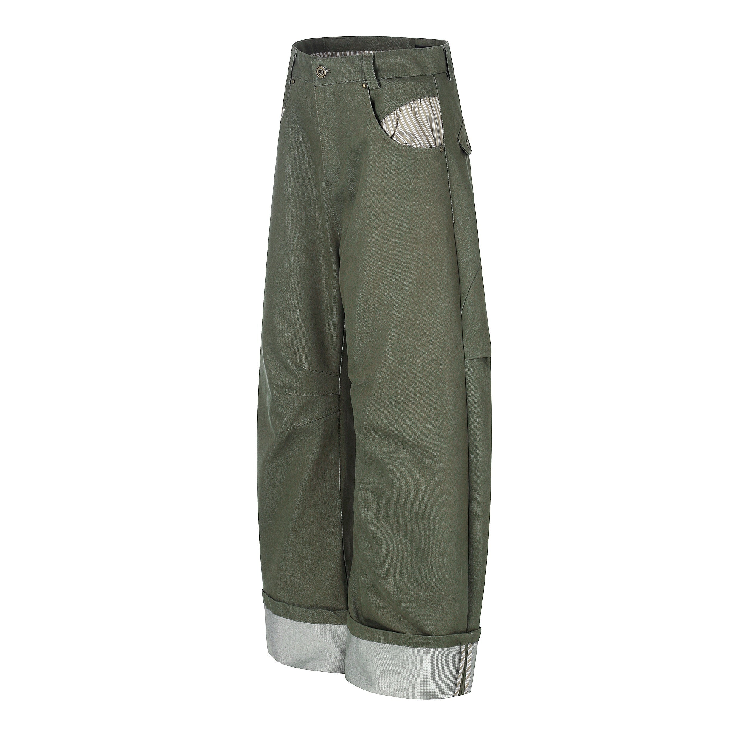 Omirad Vintage Utility Wide-Leg Fold-Hem Pants | Army Green