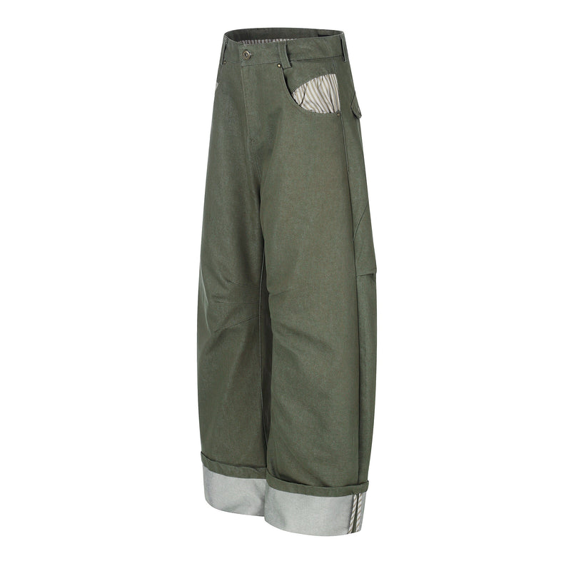 Army green wide-leg pants shown at a three-quarter front angle with striped pocket lining