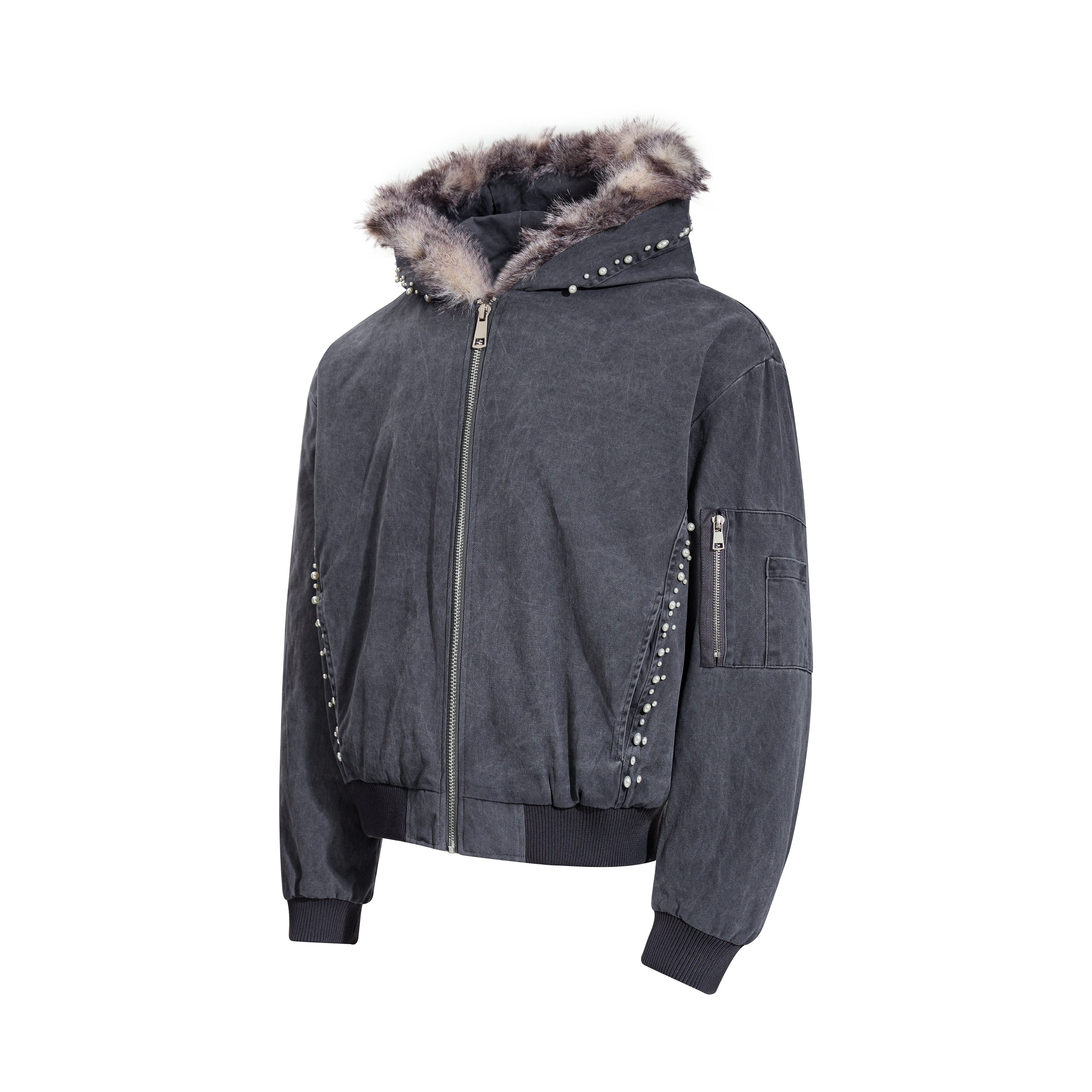 Studded Faux Fur-Trim Hooded Bomber Jacket | Washed Cotton