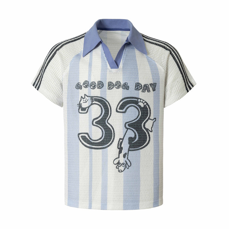 Striped knit rugby polo shirt with blue collar and Good Dog Day graphic on front