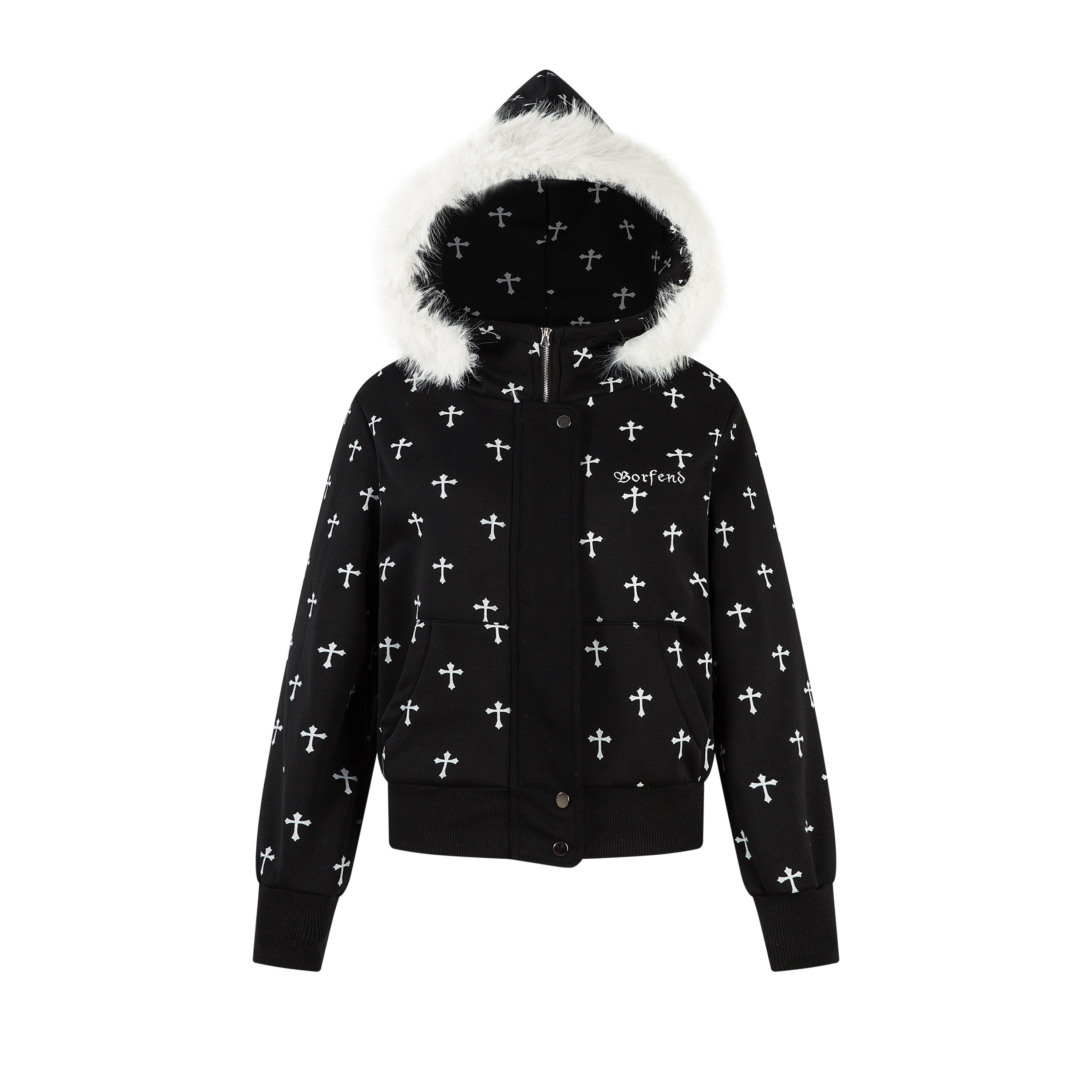 Gothic Cross Print Faux Fur Hooded Bomber Jacket