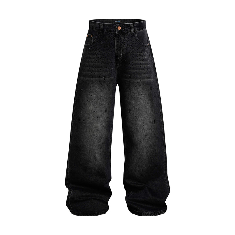 Front view of black rhinestone wide-leg jeans