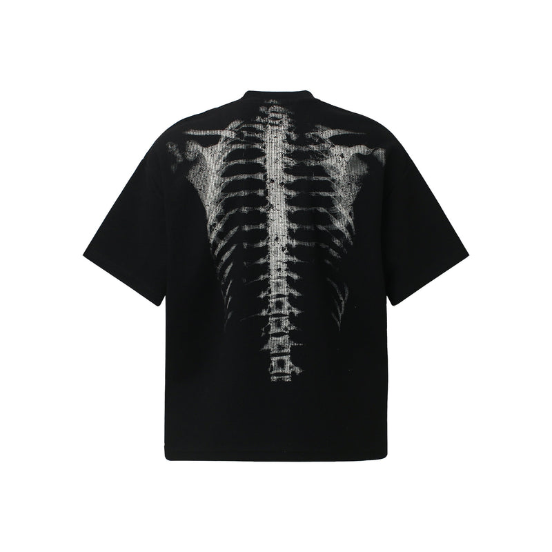 Black oversized streetwear tee with a white x-ray ribcage and spine graphic printed across the back