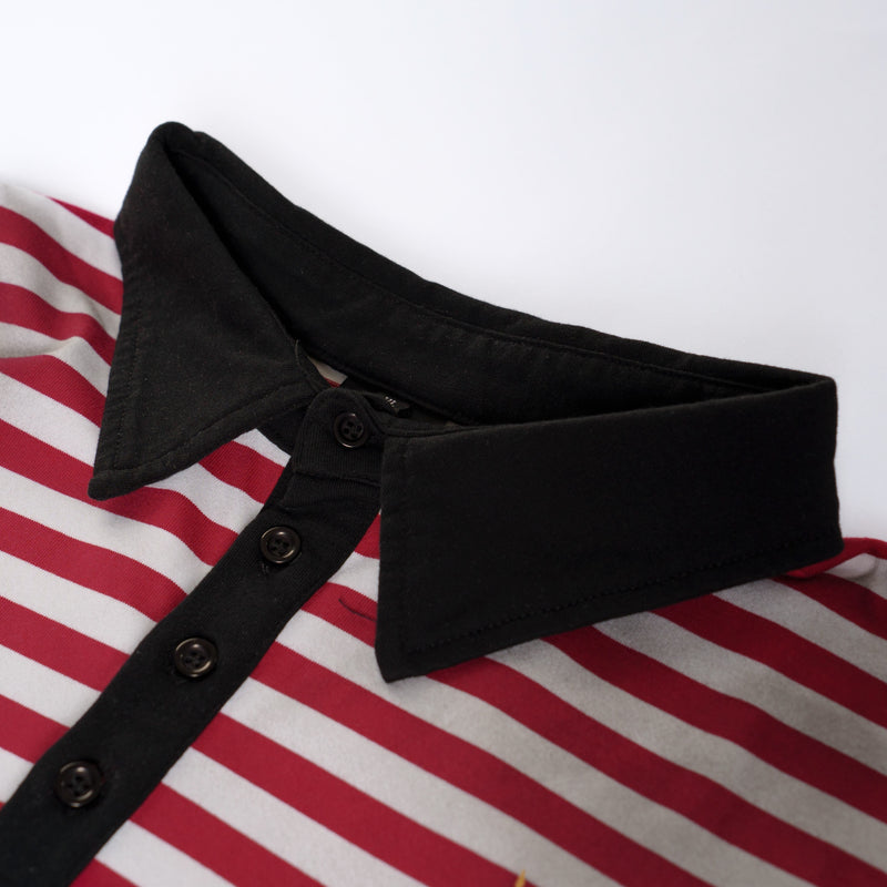 Red and white striped polo tee with black button placket and collar detail, featuring a sporty crest style finish