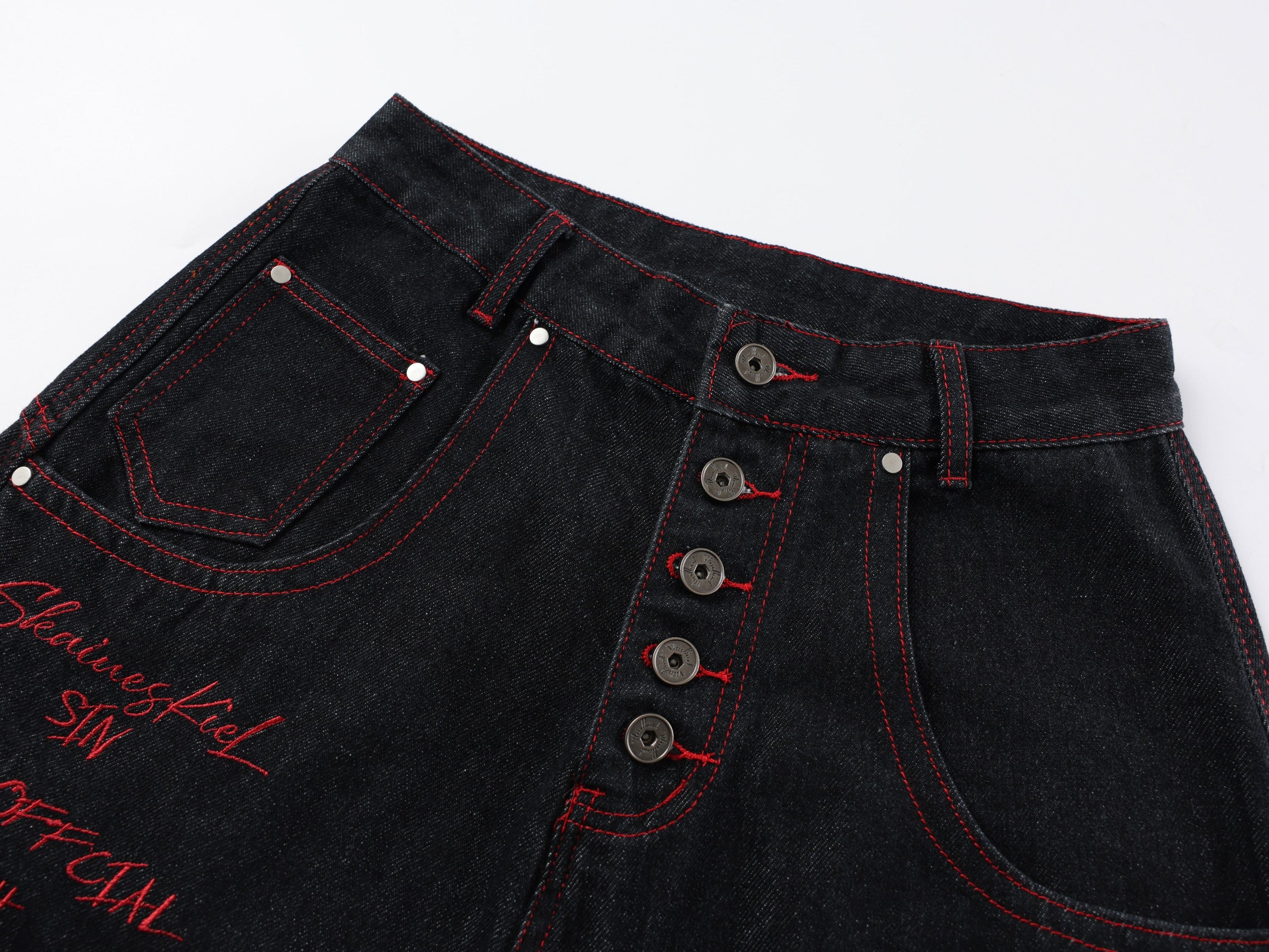 Dragon Embroidered Wide-Leg Black Denim Pants | Omirad