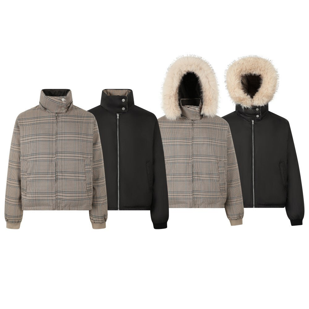 Reversible Plaid Faux Fur Hooded Puffer Jacket | SEAKOFF