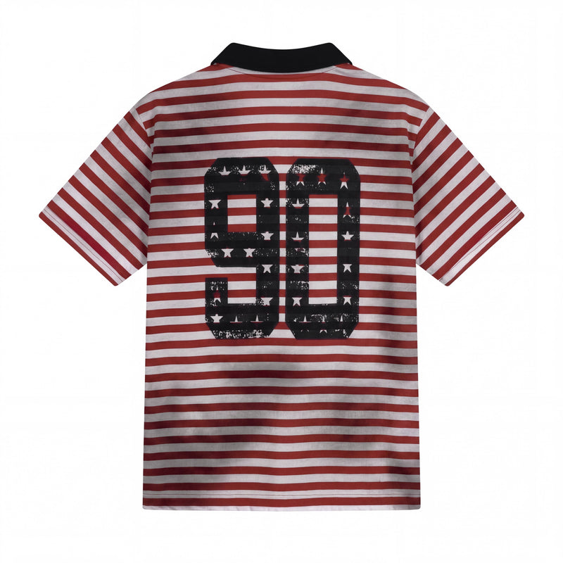 Red and white striped polo tee with black collar and large star-print 90 graphic on the back
