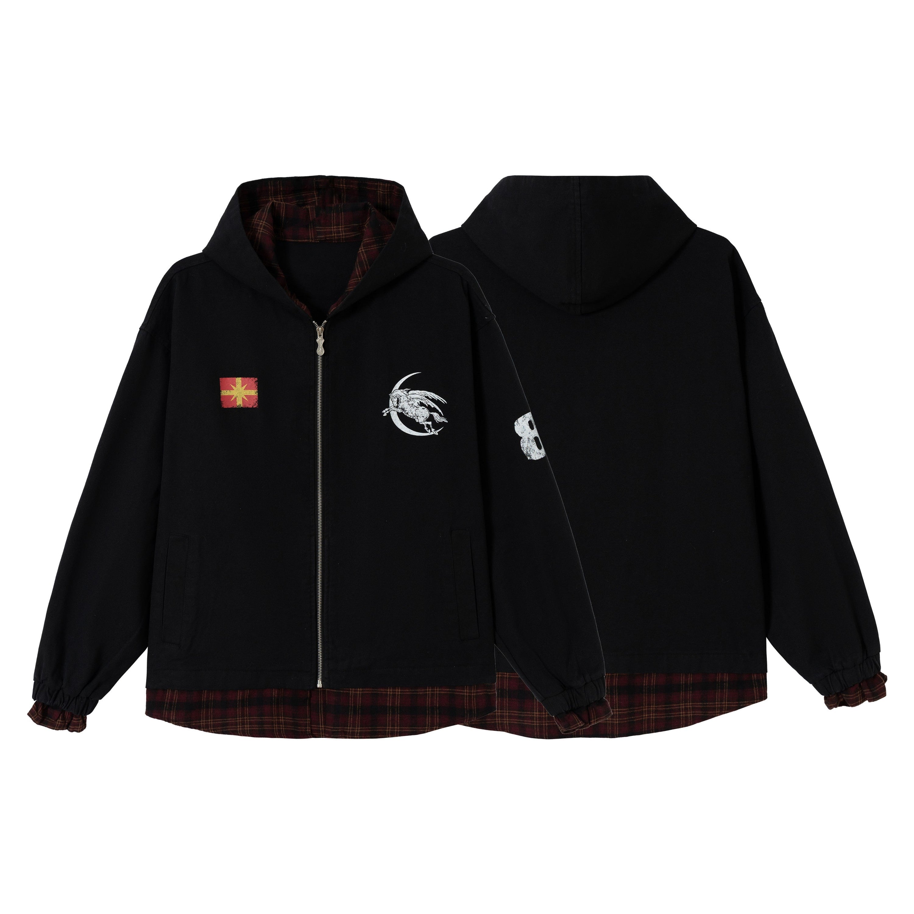 Black zip-up hoodie with dark red plaid lining, chest graphic and patch accents, shown front and back on white background